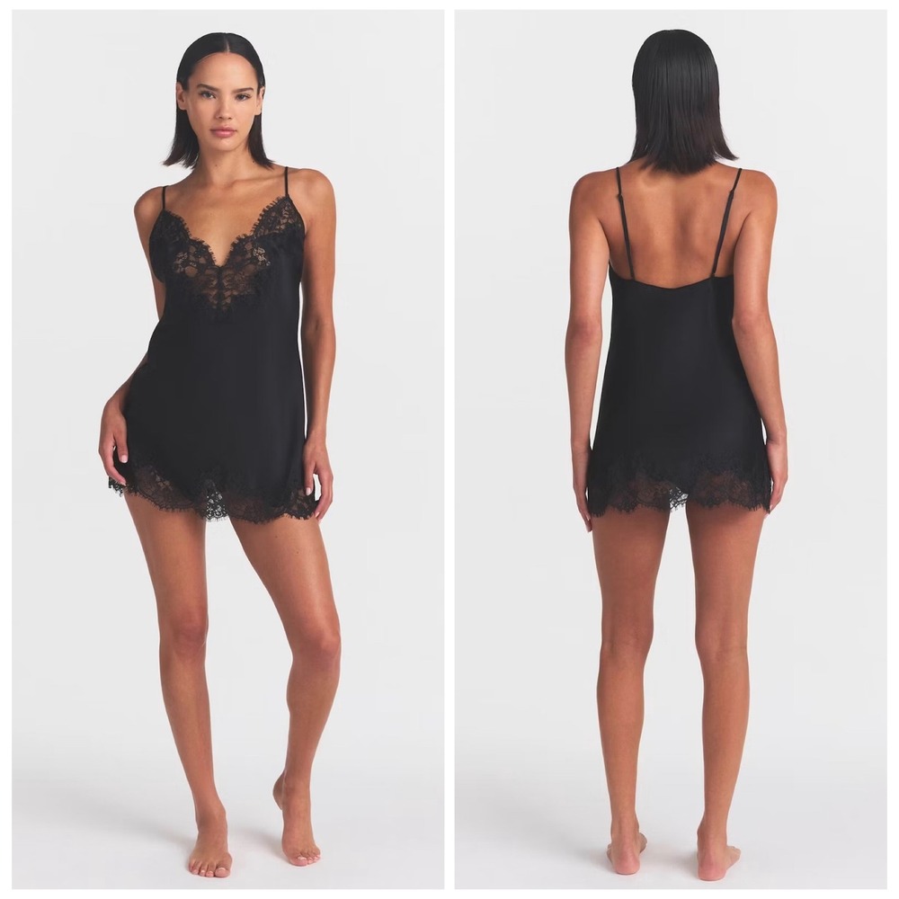 SKIMS Silk Lace Mini Slip Dress Onyx Black LG-SLI-11176W Womens Size L NWT